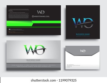 Clean and simple modern Business Card Template, with initial letter WO logotype company name colored blue and green swoosh design. Vector sets for business identity, Stationery Design.