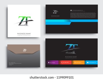 Clean and simple modern Business Card Template, with initial letter ZT logotype company name colored blue and green swoosh design. Vector sets for business identity, Stationery Design.
