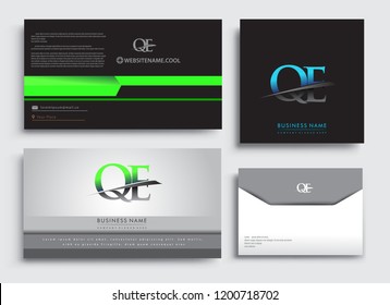 Clean and simple modern Business Card Template, with initial letter QE logotype company name colored blue and green swoosh design. Vector sets for business identity, Stationery Design.