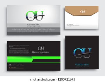 Clean and simple modern Business Card Template, with initial letter OU logotype company name colored blue and green swoosh design. Vector sets for business identity, Stationery Design.