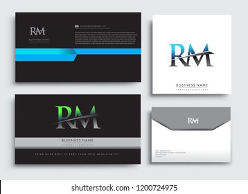 Clean and simple modern Business Card Template, with initial letter RM logotype company name colored blue and green swoosh design. Vector sets for business identity, Stationery Design.
