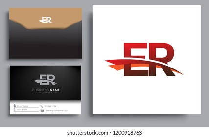 Clean and simple modern business card Business Card Template, initial letter ER logotype company name colored black and red swoosh design. Vector sets for business identity