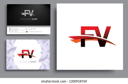 Clean and simple modern business card Business Card Template, initial letter FV logotype company name colored black and red swoosh design. Vector sets for business identity