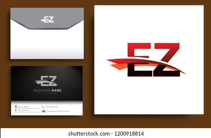 Clean and simple modern business card Business Card Template, initial letter EZ logotype company name colored black and red swoosh design. Vector sets for business identity