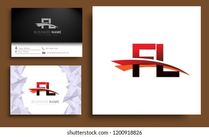 Clean and simple modern business card Business Card Template, initial letter FL logotype company name colored black and red swoosh design. Vector sets for business identity