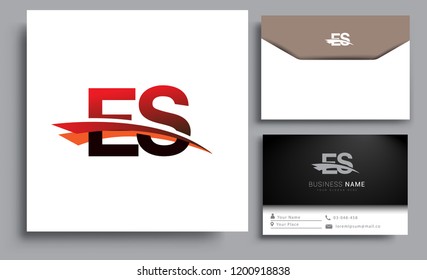 Clean and simple modern business card Business Card Template, initial letter ES logotype company name colored black and red swoosh design. Vector sets for business identity