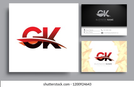 Clean and simple modern business card Business Card Template, initial letter GK logotype company name colored black and red swoosh design. Vector sets for business identity