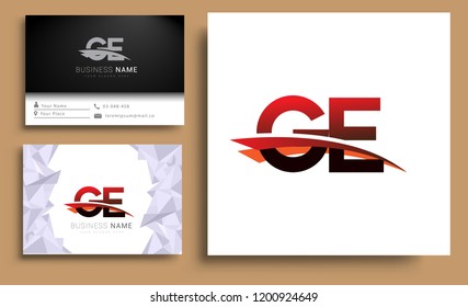 Clean and simple modern business card Business Card Template, initial letter GE logotype company name colored black and red swoosh design. Vector sets for business identity