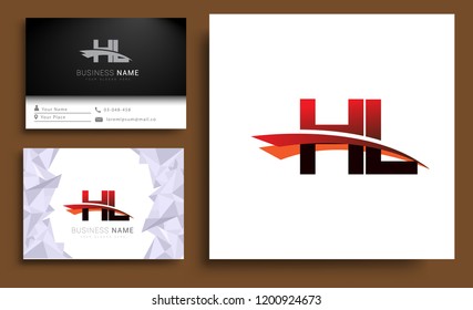 Clean and simple modern business card Business Card Template, initial letter HL logotype company name colored black and red swoosh design. Vector sets for business identity