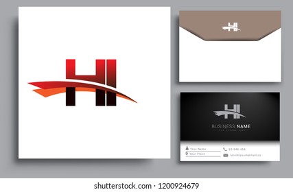 Clean and simple modern business card Business Card Template, initial letter HI logotype company name colored black and red swoosh design. Vector sets for business identity