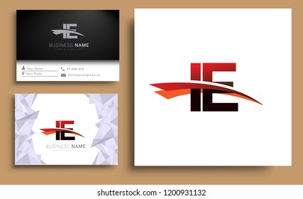 Clean and simple modern business card Business Card Template, initial letter IE logotype company name colored black and red swoosh design. Vector sets for business identity