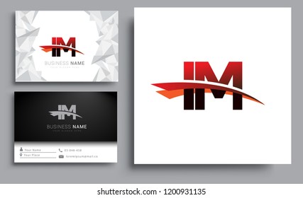 Clean and simple modern business card Business Card Template, initial letter IM logotype company name colored black and red swoosh design. Vector sets for business identity