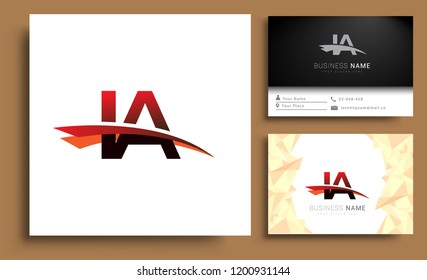 Clean and simple modern business card Business Card Template, initial letter IA logotype company name colored black and red swoosh design. Vector sets for business identity