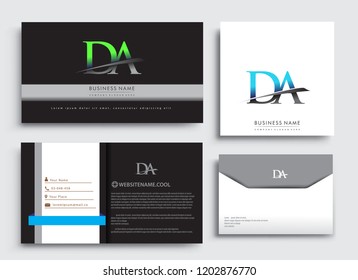 Clean and simple modern Business Card Template, with initial letter DA logotype company name colored blue and green swoosh design. Vector sets for business identity, Stationery Design.