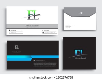 Clean and simple modern Business Card Template, with initial letter EL logotype company name colored blue and green swoosh design. Vector sets for business identity, Stationery Design.