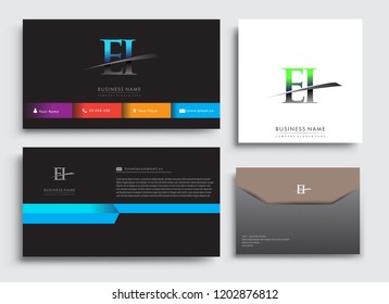 Clean and simple modern Business Card Template, with initial letter EI logotype company name colored blue and green swoosh design. Vector sets for business identity, Stationery Design.