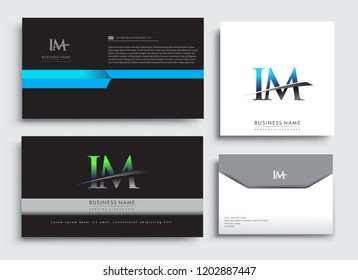 Clean and simple modern Business Card Template, with initial letter IM logotype company name colored blue and green swoosh design. Vector sets for business identity, Stationery Design.