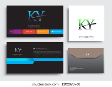 Clean and simple modern Business Card Template, with initial letter KY logotype company name colored blue and green swoosh design. Vector sets for business identity, Stationery Design.