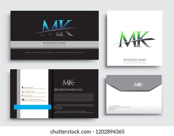 Clean and simple modern Business Card Template, with initial letter MK logotype company name colored blue and green swoosh design. Vector sets for business identity, Stationery Design.