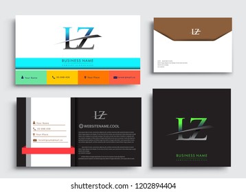 Clean and simple modern Business Card Template, with initial letter LZ logotype company name colored blue and green swoosh design. Vector sets for business identity, Stationery Design.