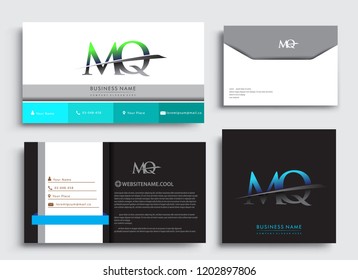 Clean and simple modern Business Card Template, with initial letter MQ logotype company name colored blue and green swoosh design. Vector sets for business identity, Stationery Design.