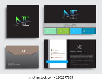 Clean and simple modern Business Card Template, with initial letter NE logotype company name colored blue and green swoosh design. Vector sets for business identity, Stationery Design.