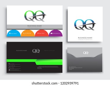 Clean and simple modern Business Card Template, with initial letter QQ logotype company name colored blue and green swoosh design. Vector sets for business identity, Stationery Design.