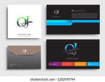 Clean and simple modern Business Card Template, with initial letter QJ logotype company name colored blue and green swoosh design. Vector sets for business identity, Stationery Design.