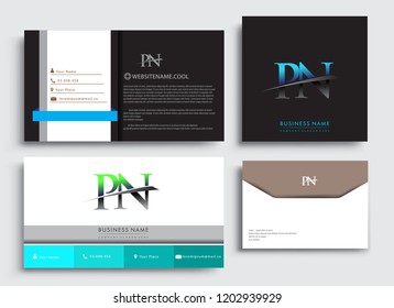 Clean and simple modern Business Card Template, with initial letter PN logotype company name colored blue and green swoosh design. Vector sets for business identity, Stationery Design.
