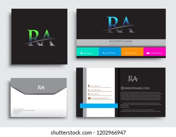 Clean and simple modern Business Card Template, with initial letter RA logotype company name colored blue and green swoosh design. Vector sets for business identity, Stationery Design.