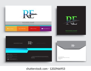 Clean and simple modern Business Card Template, with initial letter RE logotype company name colored blue and green swoosh design. Vector sets for business identity, Stationery Design.