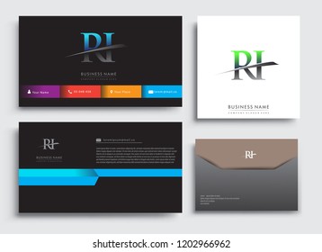 Clean and simple modern Business Card Template, with initial letter RI logotype company name colored blue and green swoosh design. Vector sets for business identity, Stationery Design.