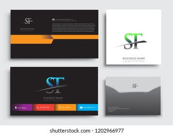 Clean and simple modern Business Card Template, with initial letter ST logotype company name colored blue and green swoosh design. Vector sets for business identity, Stationery Design.