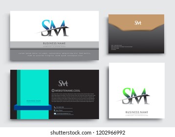 Clean and simple modern Business Card Template, with initial letter SM logotype company name colored blue and green swoosh design. Vector sets for business identity, Stationery Design.
