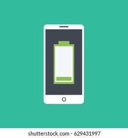 clean simple modern flat design style smart phone or cell phone With empty, low & charging Battery. one single vector mobile with energy & one green level
