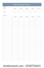 Clean and simple monthly budget planner with a basic, simple and professional designs. Ideal for individuals seeking to enhance their budgeting skills and financial literacy. User-friendly layout.