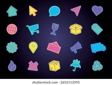 Conjunto de iconos de pegatinas de neón limpio y simple