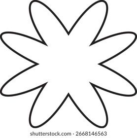 A clean and simple outline of an abstract eight-pointed starburst or flower shape. This versatile graphic element features smooth, curved petals and is perfect for various design projects and conceptu