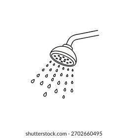 Un dibujo de contorno limpio y simple de un cabezal de ducha con gotas de agua cayendo. Ideal para ilustrar la higiene, la limpieza o los accesorios del baño.	