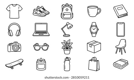 Clean and simple outline vector illustration of various everyday items. Collection includes clothing, electronics, home decor, personal accessories, and leisure objects. Ideal for web design, apps, and digital projects.