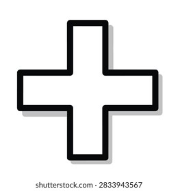 A clean and simple plus sign graphic featuring a bold black outline and a subtle drop shadow on a white background