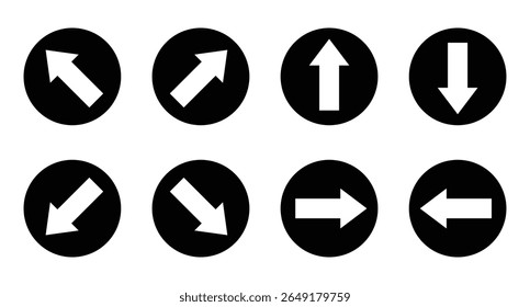 A clean, simple presentation of directional arrows. Each direction is depicted within a circular black background with a white arrow indicating movement.