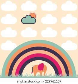 Clean and simple rainbow and elephant scene, in a bright contemporary colour palette