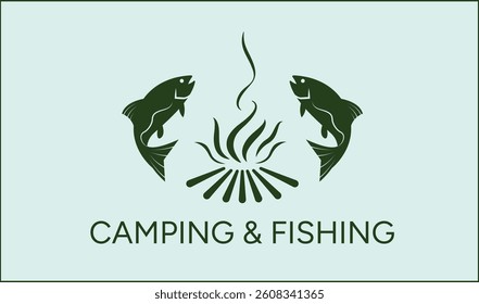 clean and simple rustic campfire and fishing illustration for camping, fishing, adventure, outdoor logo design.