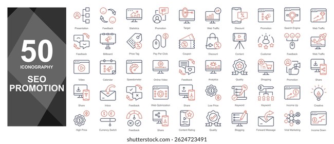 clean and simple SEO promotion icons covering web traffic, search ranking, keywords, analytics, link building, and more. Ideal for marketing projects.