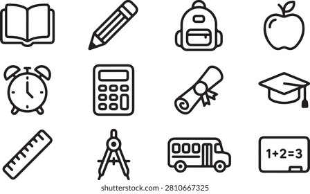 A clean and simple set of flat design icons representing various school-related items, including books, pencils, backpacks, apples, alarms, calculators, diplomas, graduation caps, rulers, compasses, school buses, and chalkboards with math equations.