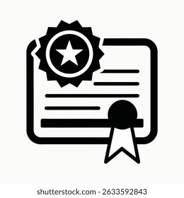 A clean and simple silhouette icon of a certificate with a star. 