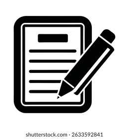 A clean and simple silhouette icon of a document with a pencil. The white graphics are isolated on a transparent background, a valuable feature for designers. 