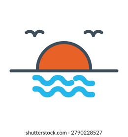 A clean and simple sunset icon featuring a bright orange sun setting over blue ocean waves with seagulls flying in the sky, perfect for travel or weather websites.