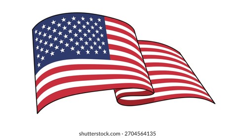 Clean and simple vector graphic of the national flag of the United States of America waving gently in the breeze on white.